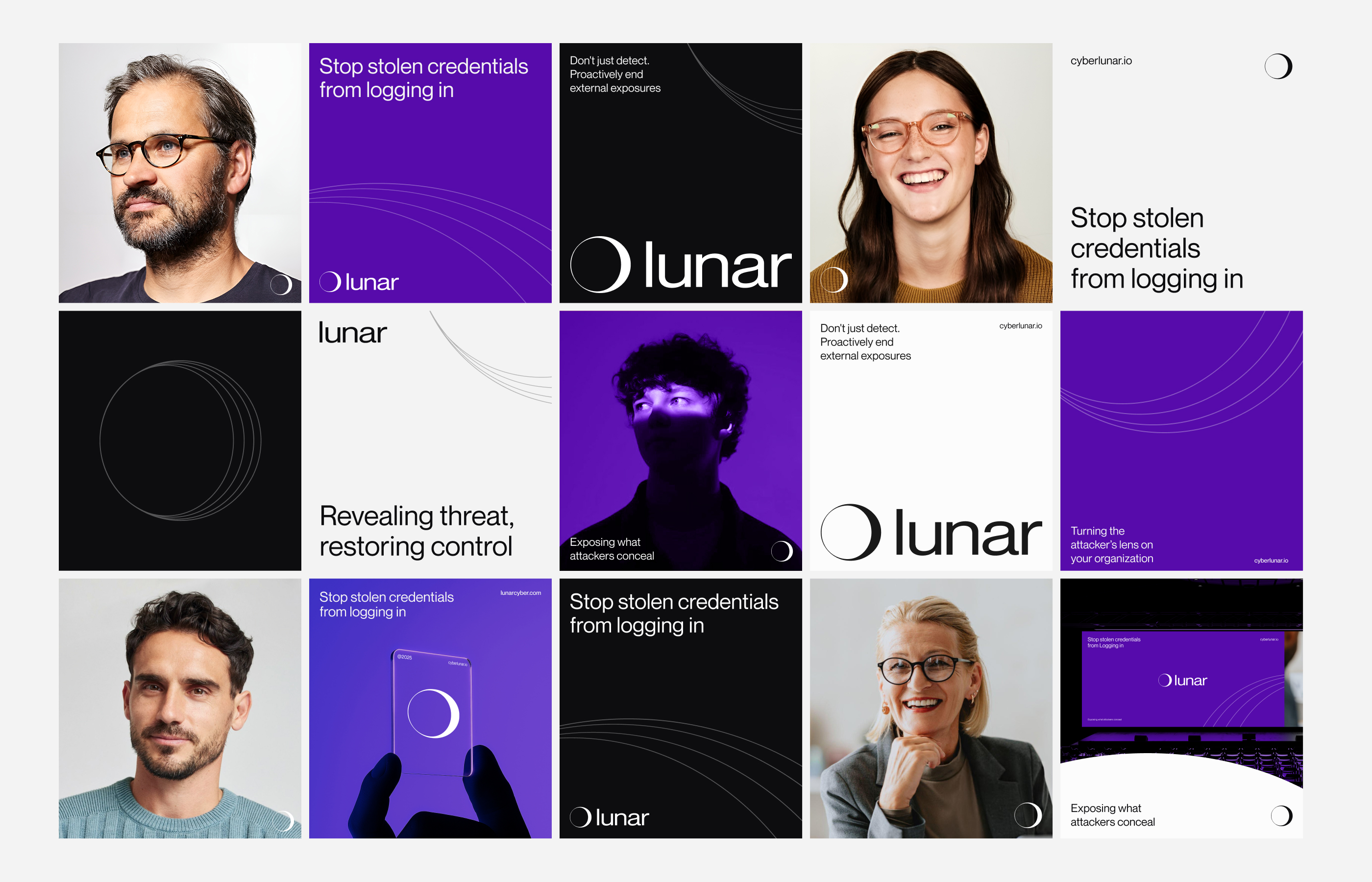 Lunar white logo centered on an electric purple field