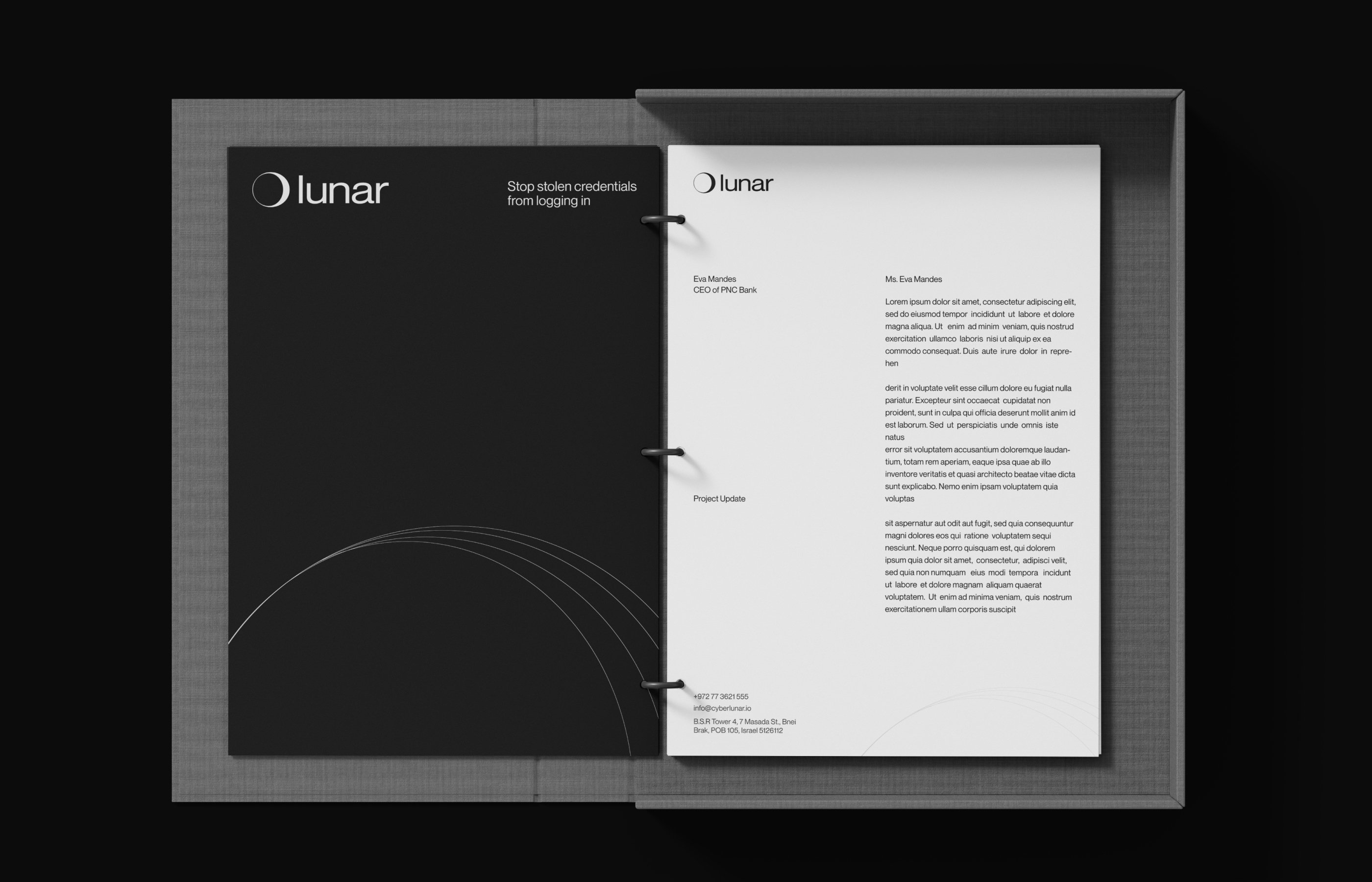 Purple Lunar presentation folder and stationery