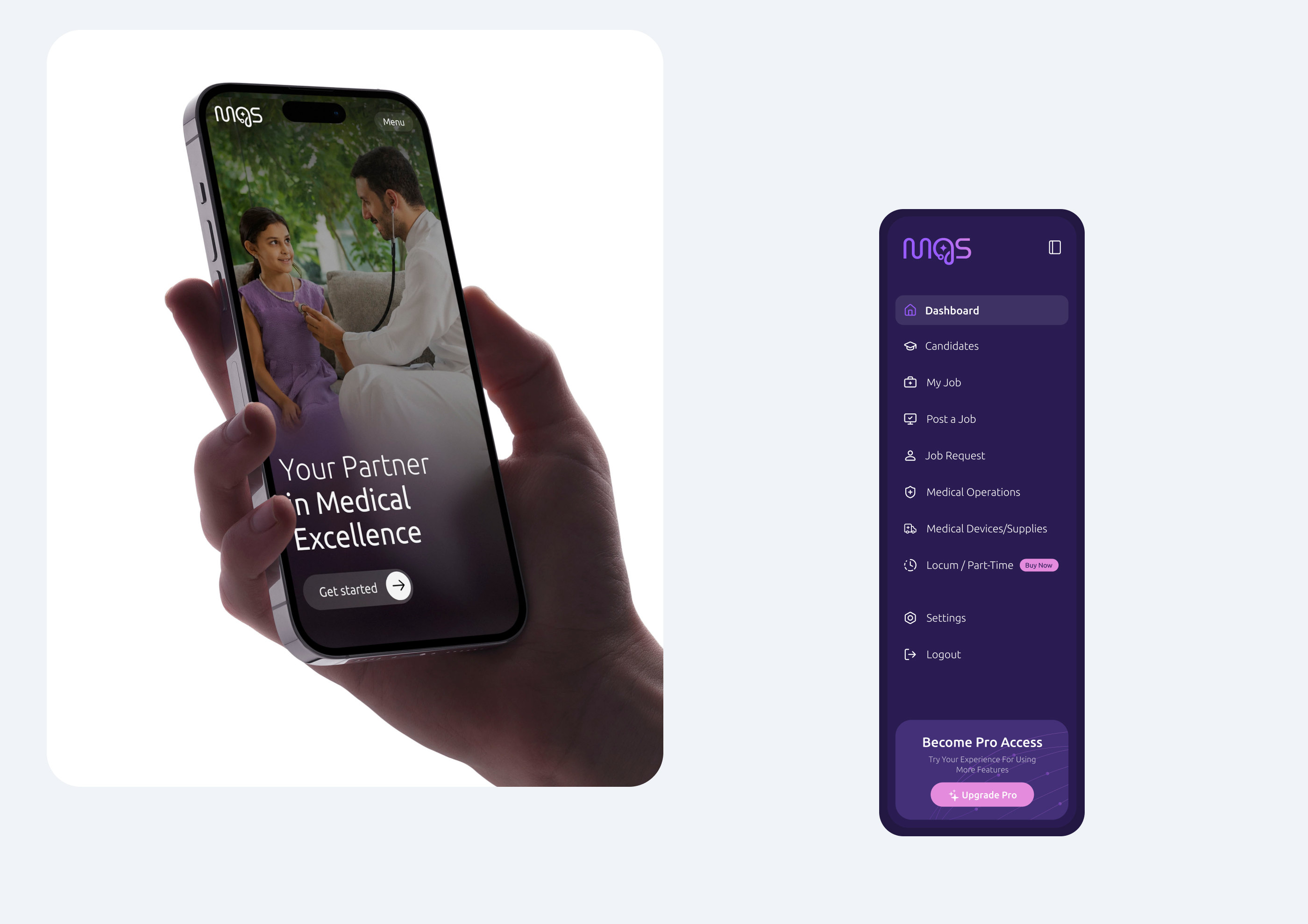 MGS mobile app screens for medical excellence and dashboard navigation