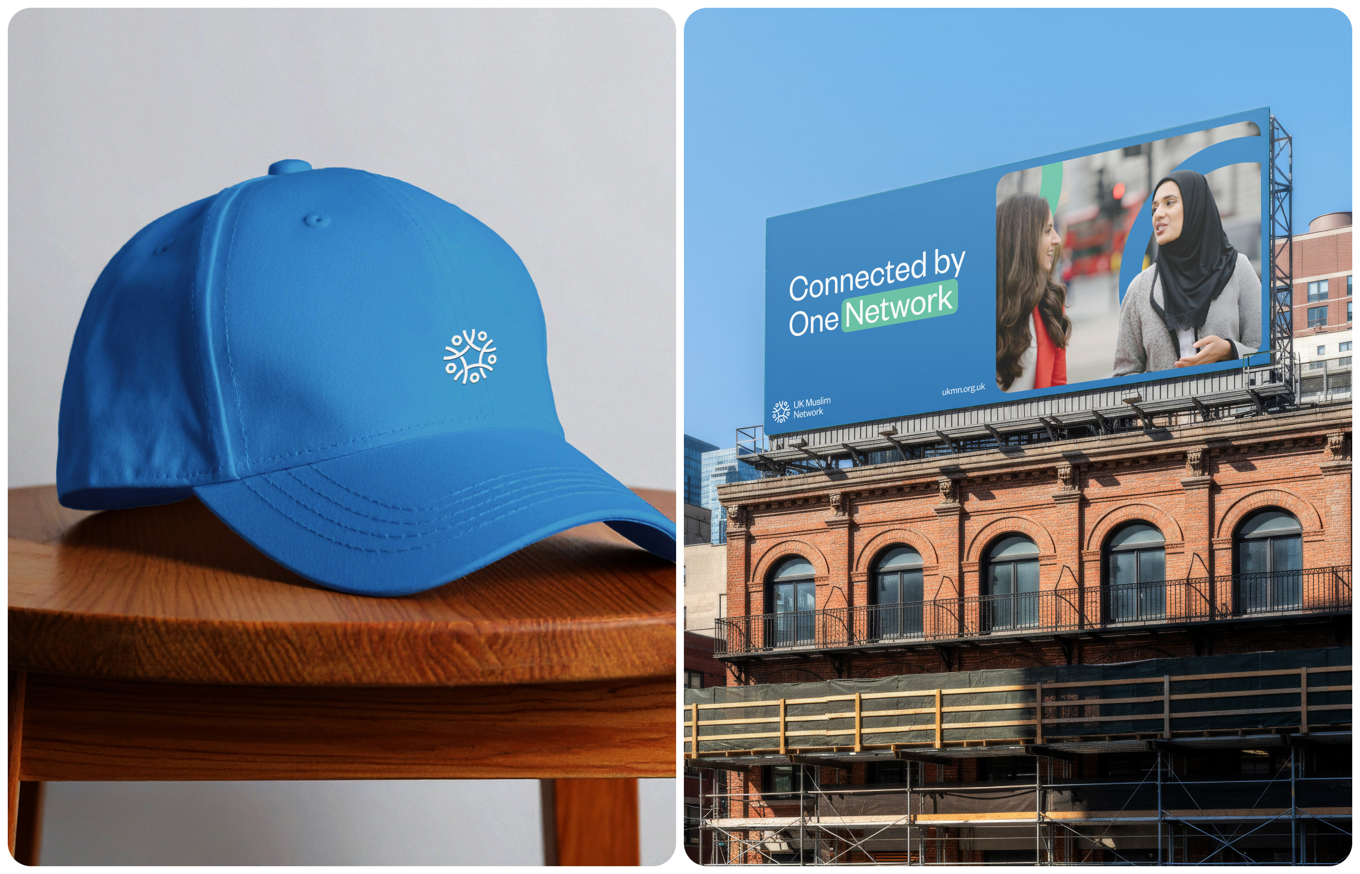UK Muslim Network cap merchandise and Connected by One Network billboard
